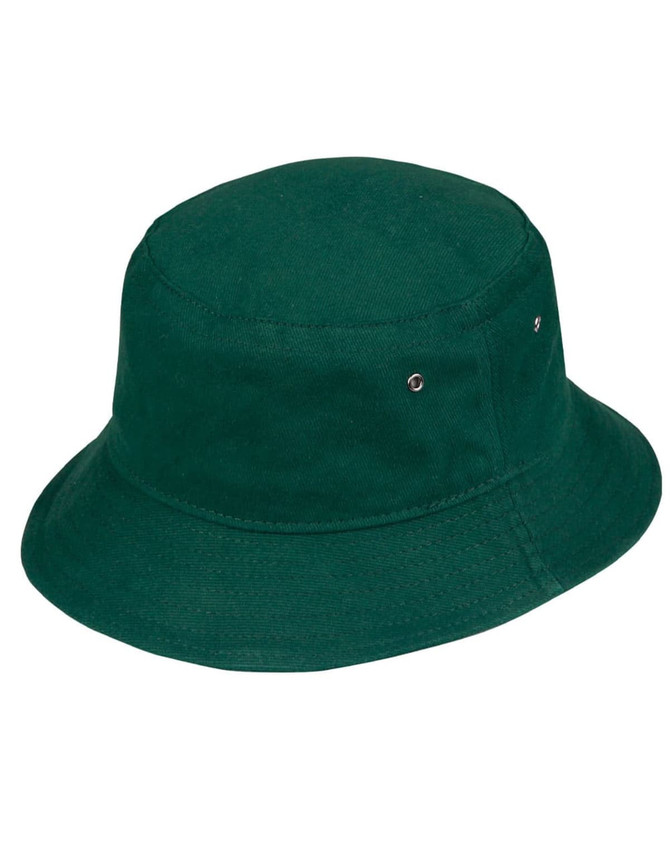 A green soft washed bucket hat with a round crown and a wide brim, featuring ventilation holes.