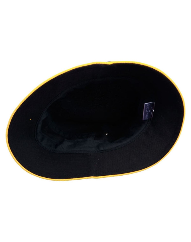A black bucket hat with a contrasting yellow brim, featuring an inner lining and a logo.