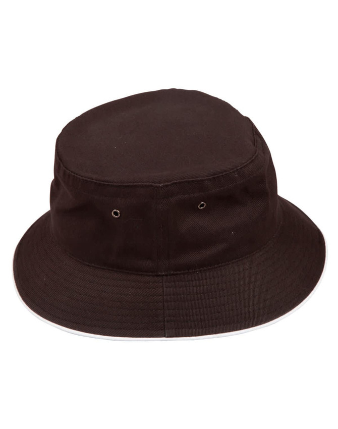 A black bucket hat with a contrast brim and eyelets. Features a branding logo.