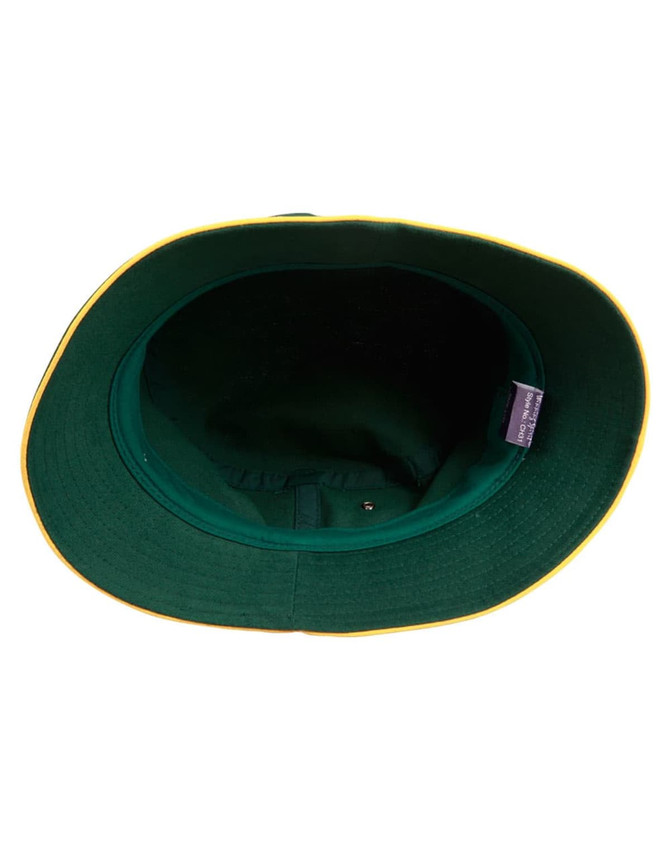 A green bucket hat with a contrasting yellow brim, featuring an inner lining and a logo tag.