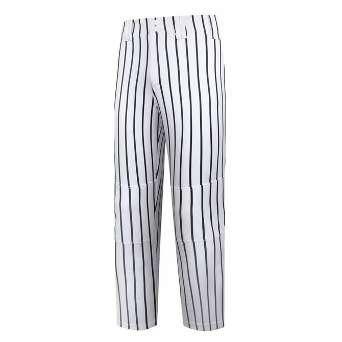 A pair of white baseball/softball pants with black vertical stripes and a logo on the waistband.