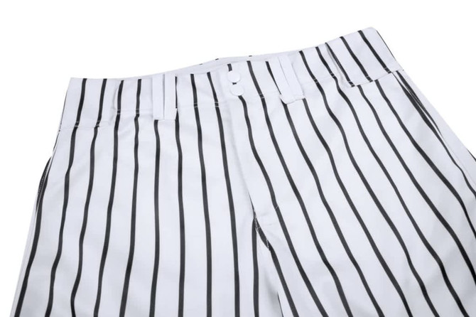 A pair of white baseball or softball pants with black stripes, featuring a button and waistband detail.