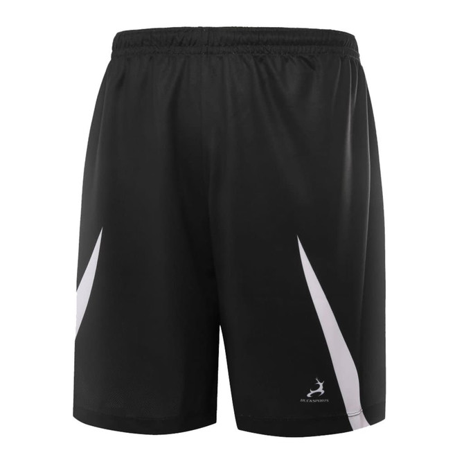 Black basketball shorts featuring white accents and a branding logo.