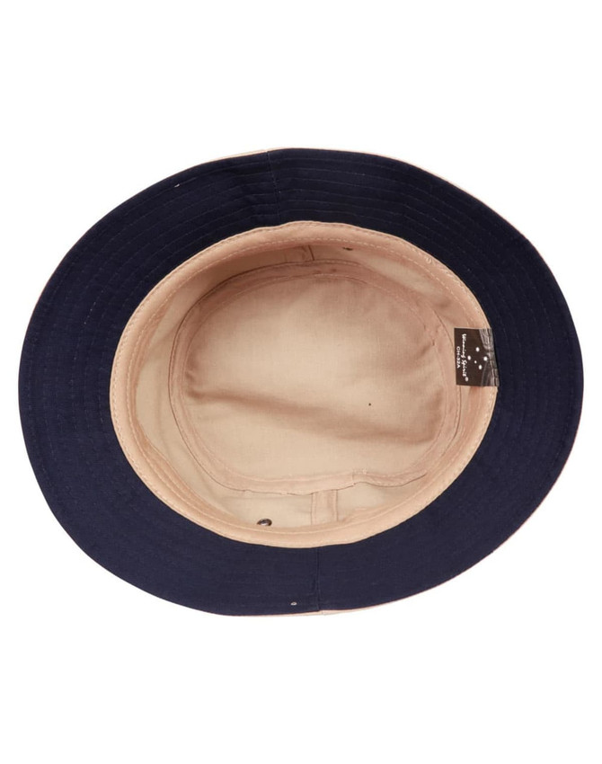 A navy blue bucket hat with a light-coloured interior, featuring a branding label inside.