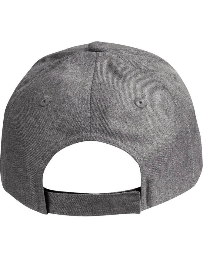 A grey cap featuring a back closure and ventilation holes, with a logo on the side.