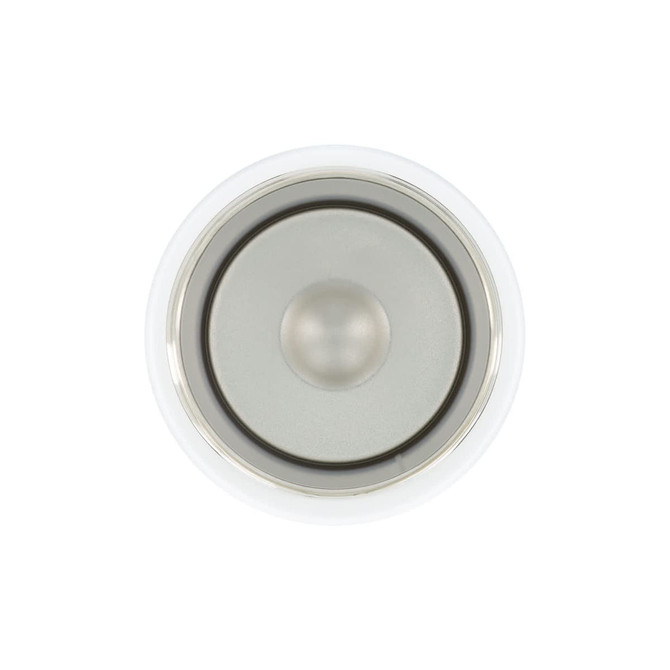 A drink bottle cap with a metallic finish, featuring a central dome and a clean white outer rim.