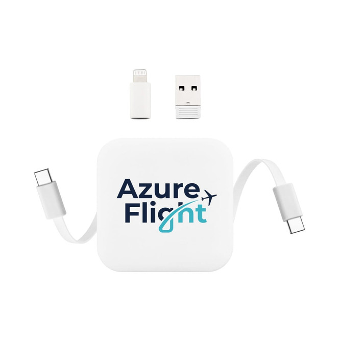 A white retractable charging cable with USB and Lightning connectors, featuring a logo.