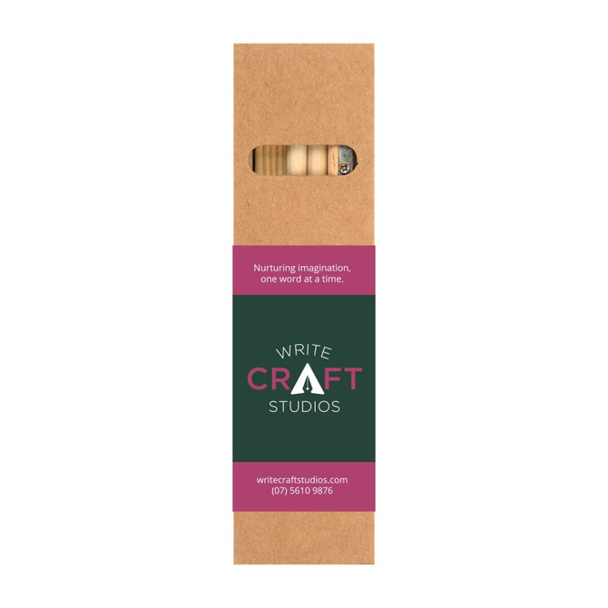 A brown cardboard packaging featuring a window, showcasing wooden craft supplies with a logo.