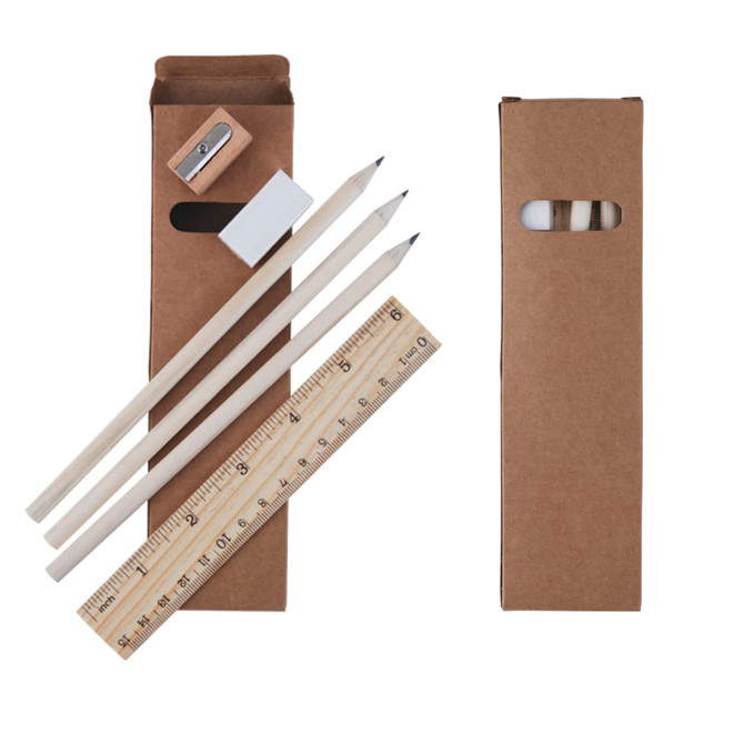 A stationary set featuring three pencils, a ruler, an eraser, and a pencil sharpener, all in a cardboard box.