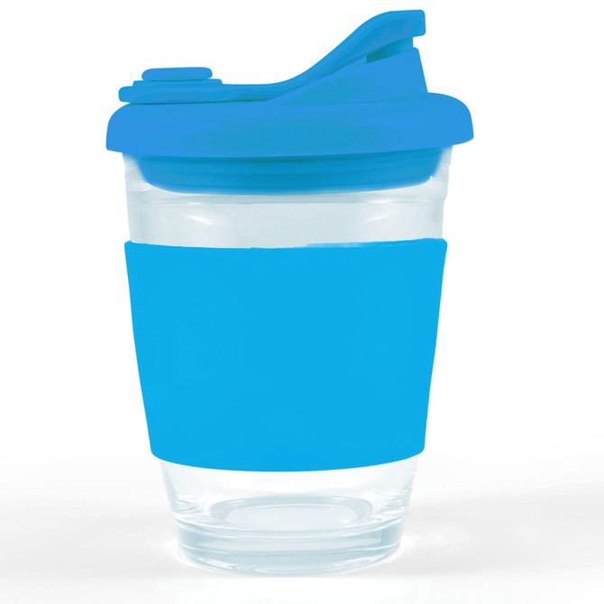 A reusable coffee cup with a transparent body and a vibrant blue snap lid and sleeve.