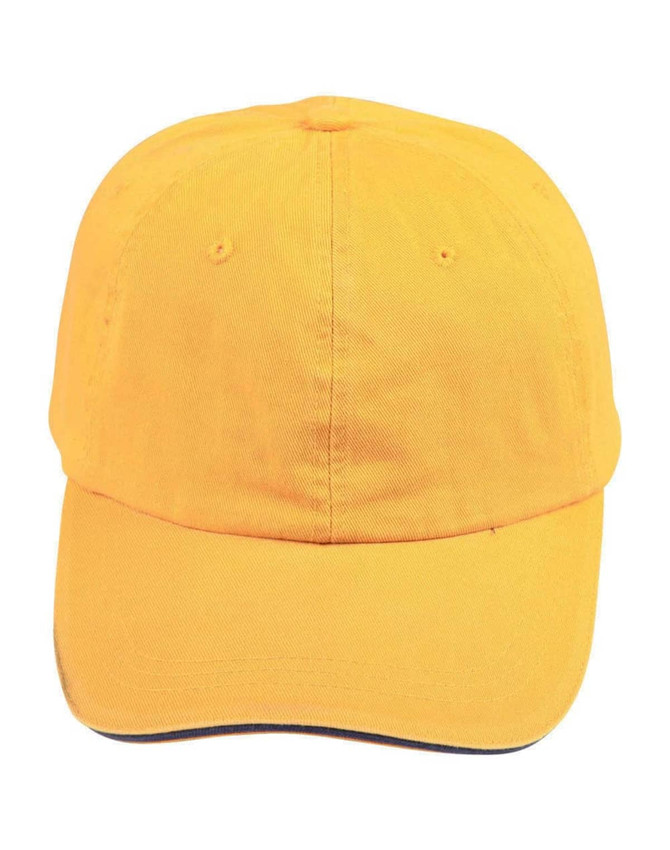 A bright yellow unstructured sandwich cap made of washed cotton, featuring a logo.