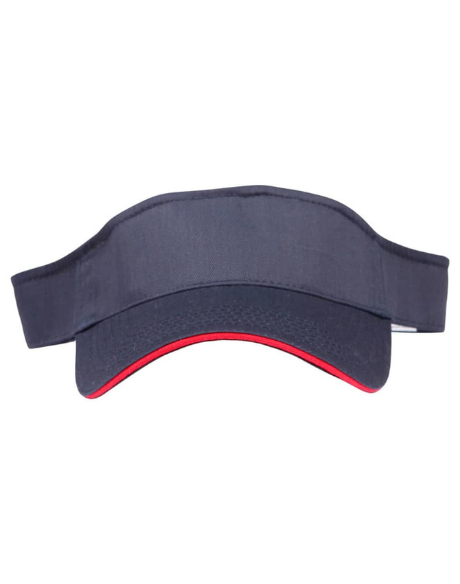 A contrast sandwich visor featuring a navy top and red trim, with an adjustable strap at the back.