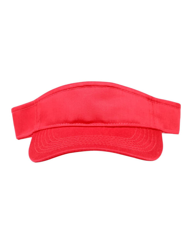 A bright red sandwich visor with a wide brim and adjustable band, featuring a logo on the front.