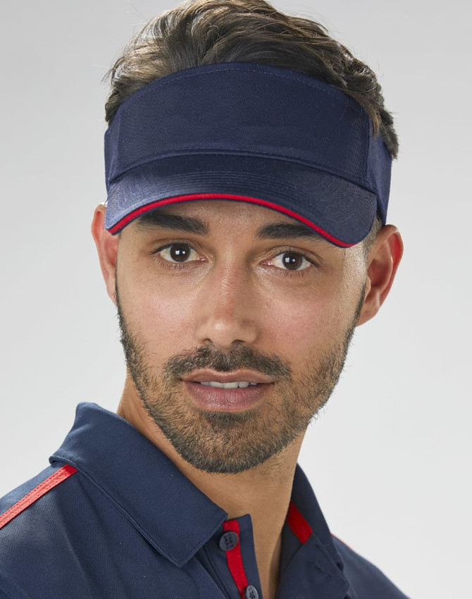 A navy blue visor with red accents, featuring a logo, designed for outdoor activities and casual wear.