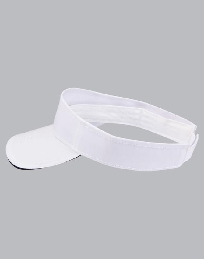 A white twill visor with a black underside and an adjustable strap, featuring a logo.