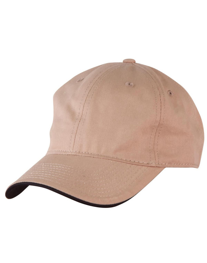 A beige cap with a darker contrast underpeak, featuring a logo on the side.