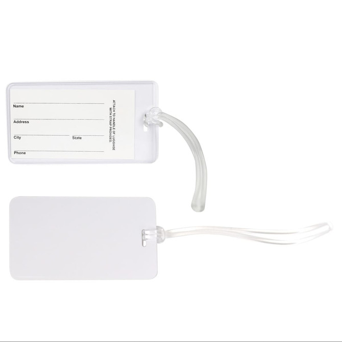 A clear Monte Carlo luggage tag featuring spaces for name, address, city, state, and phone number.