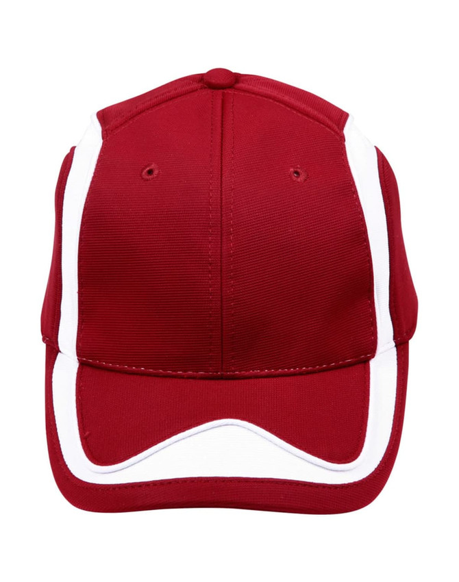 A red cap with white accents and a logo, featuring a structured design and six-panel construction.