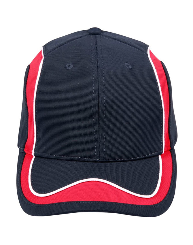 A navy cap with red and white accents and a logo on the front. Ideal for promotional use.