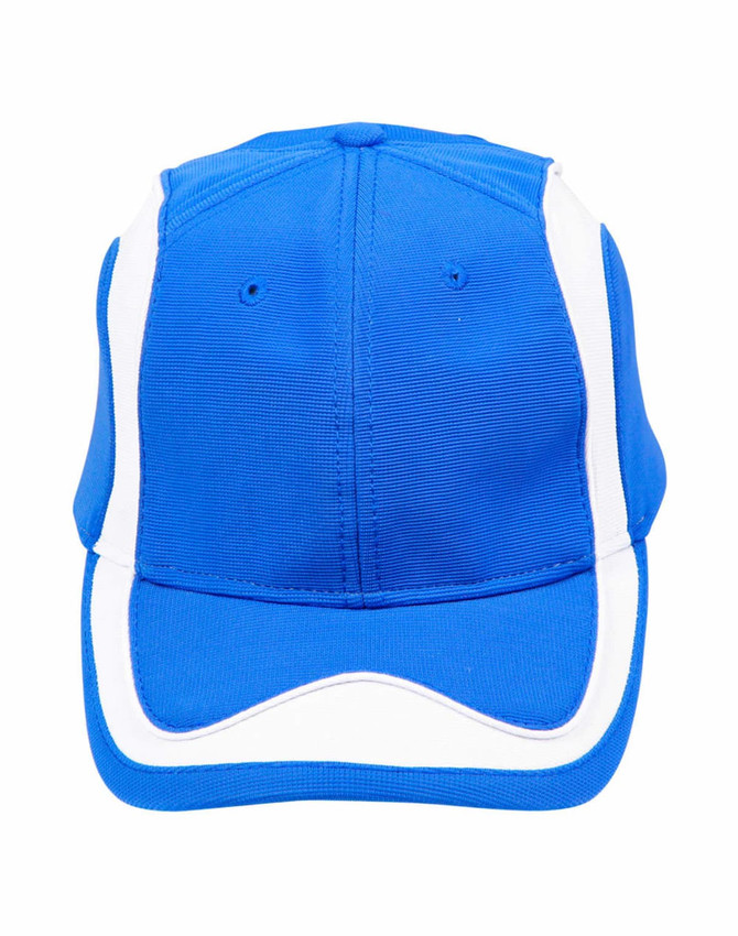 A blue cap with white accents and a branded logo on the front. It features a classic structured design.