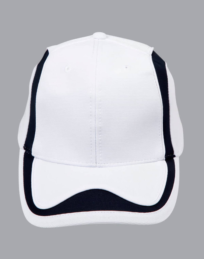 A white cap with navy accents and a logo on the front. The design features a curved brim and a structured fit.