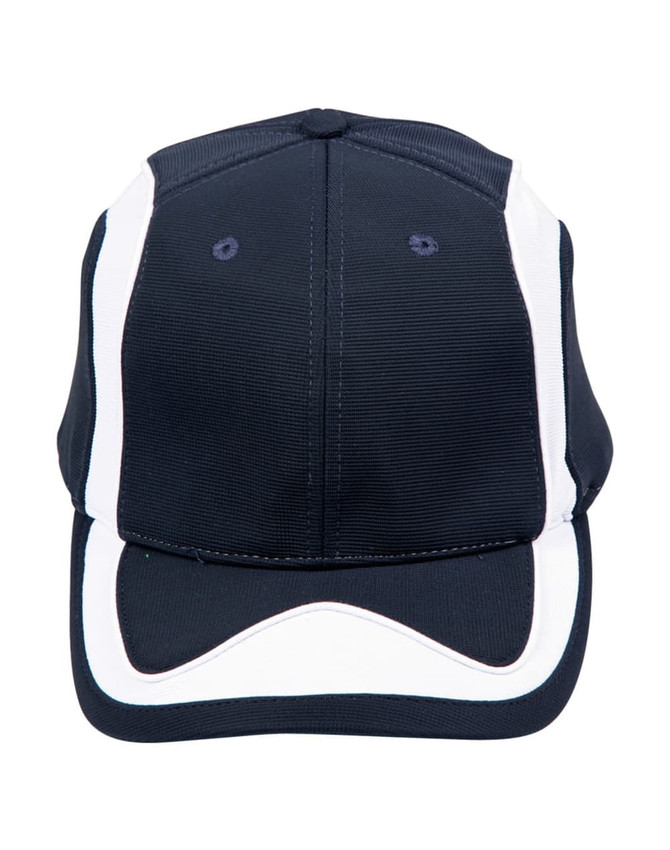 A navy and white cap featuring a structured design and a logo on the front.