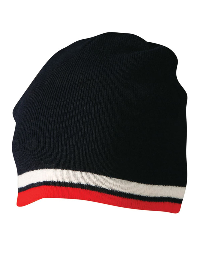 A beanie featuring a contrasting stripe pattern in navy blue, white, and red, with a logo on one side.
