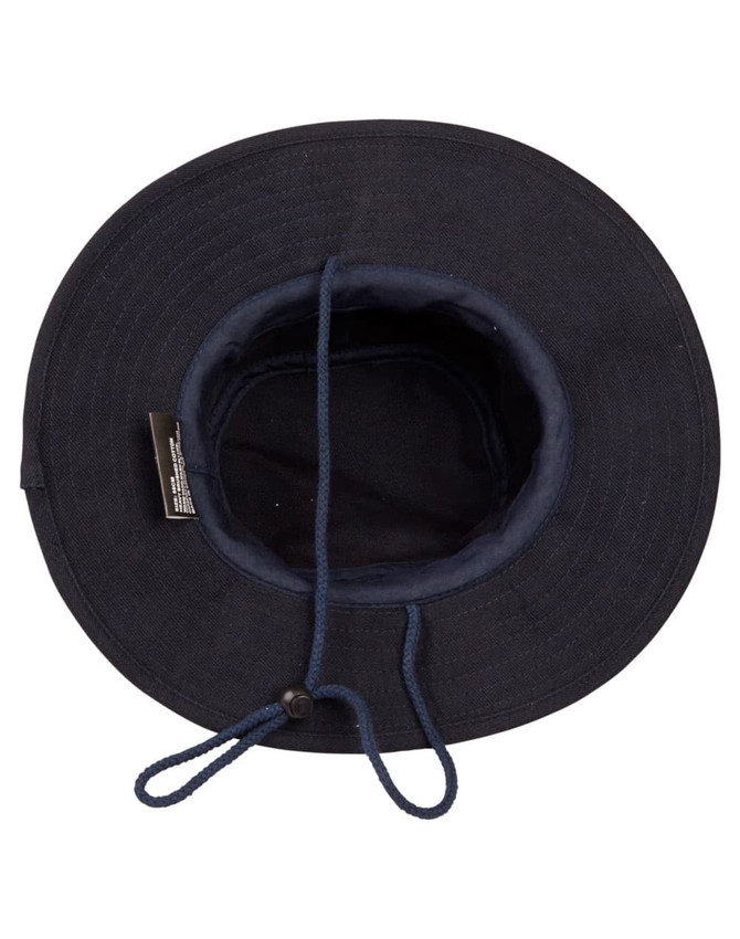 A navy blue brim and bucket hat with a drawstring, featuring an inner lining and a logo.