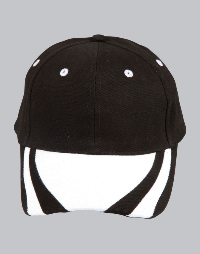 A black and red cap featuring contrasting design elements and a logo on the side.