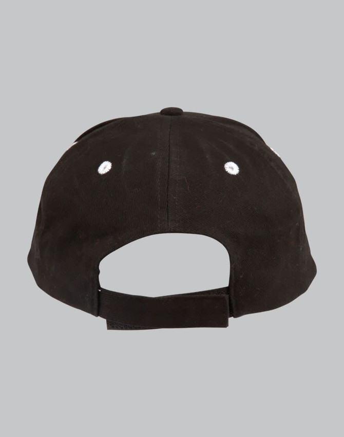A black structured cap featuring contrast stitching and a back adjustment strap. It has ventilation holes.