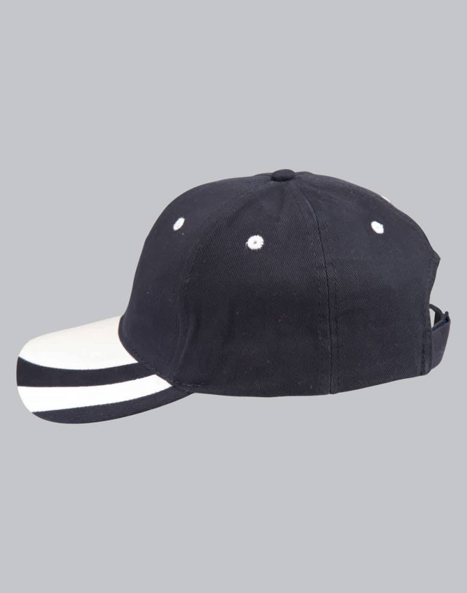 A black structured cap with a contrasting white peak and decorative stripes on the brim, featuring a logo.