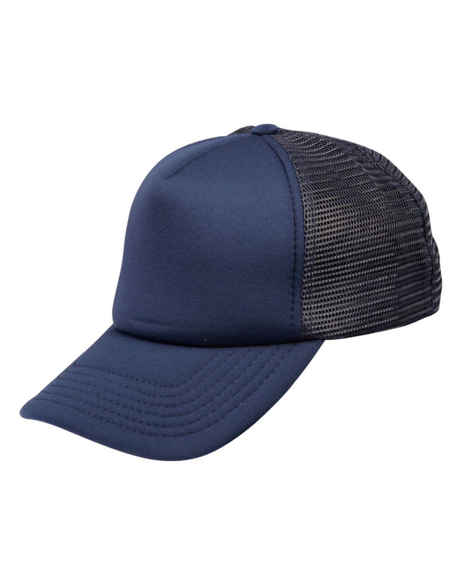 A navy blue trucker cap with a solid front and mesh back panel, featuring a curved brim and a branding logo.