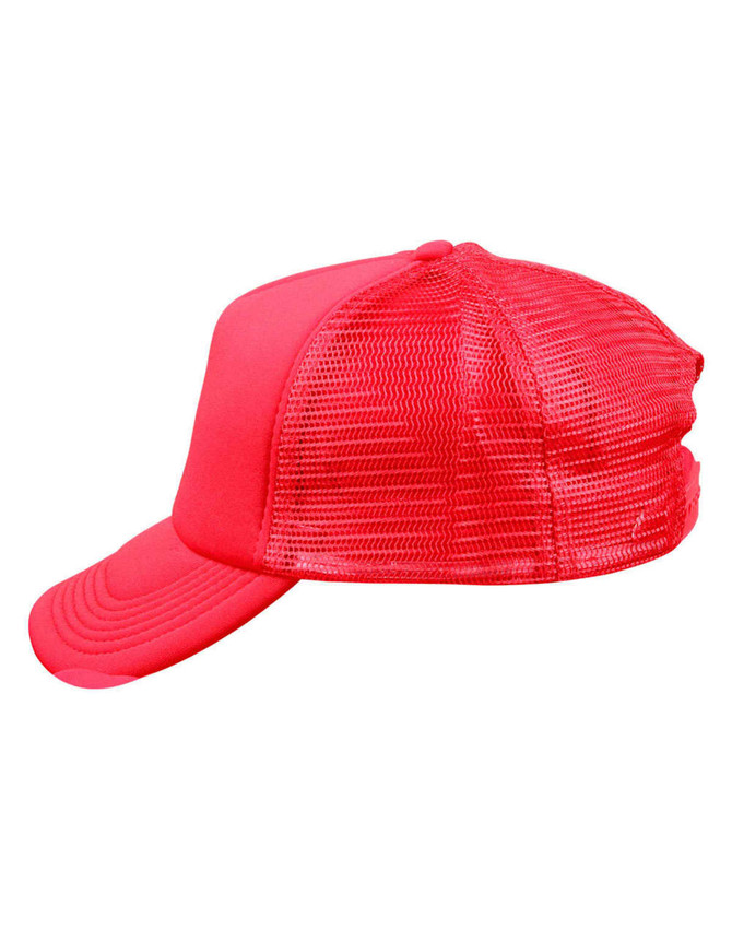 A red trucker cap with a mesh back and a curved brim, featuring a logo on the front.