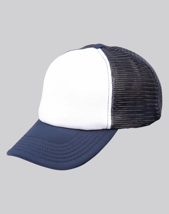 A trucker cap featuring a navy blue front and white mesh side panels, designed for breathable comfort.