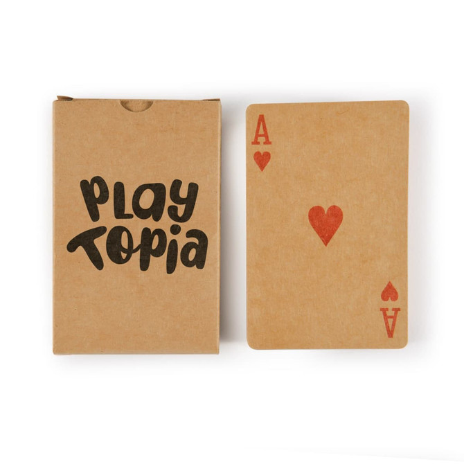 Recycled playing cards in a brown kraft box featuring a red heart Ace card. The box has a logo.