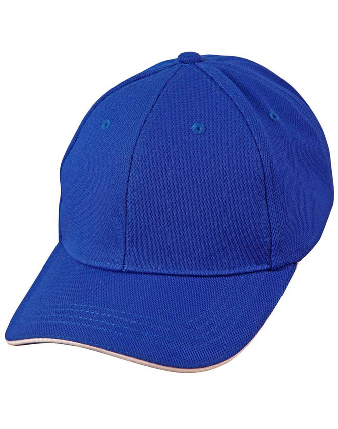 A blue Pique Mesh with Contrast Sandwich Cap featuring a structured design and a logo.