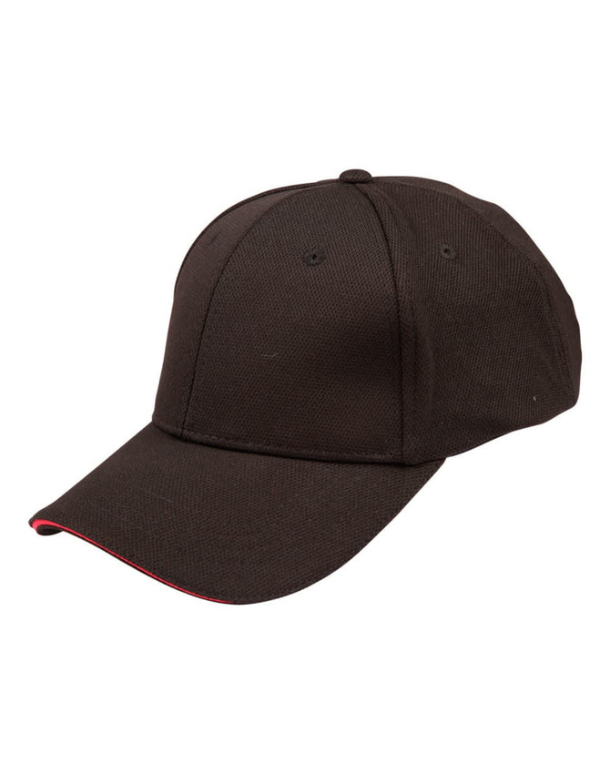 A black cap with a contrast red sandwich peak, featuring stitching and ventilation holes. Includes a logo.