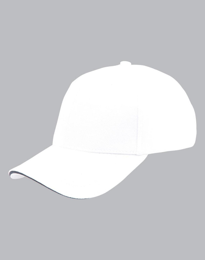 A white cap with a contrasting peak and an embroidered logo. Ideal for casual wear and outdoor activities.