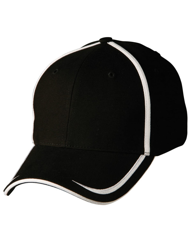 A black cap with white contrast trim, featuring a curved brim and a logo on the front.