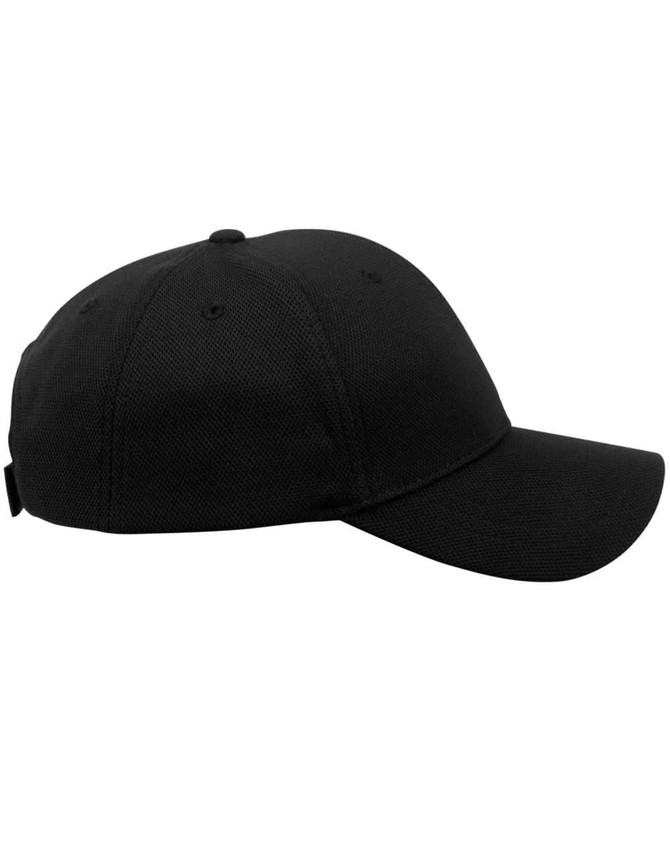 A black structured cap with a curved brim and ventilation holes, featuring a logo on the side.