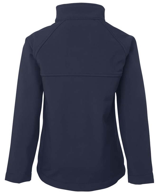 A navy soft shell jacket with a high collar and a smooth finish, featuring a logo on the back.