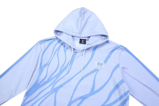 A light blue hoodie featuring a design in darker blue. It has a hood and a logo.
