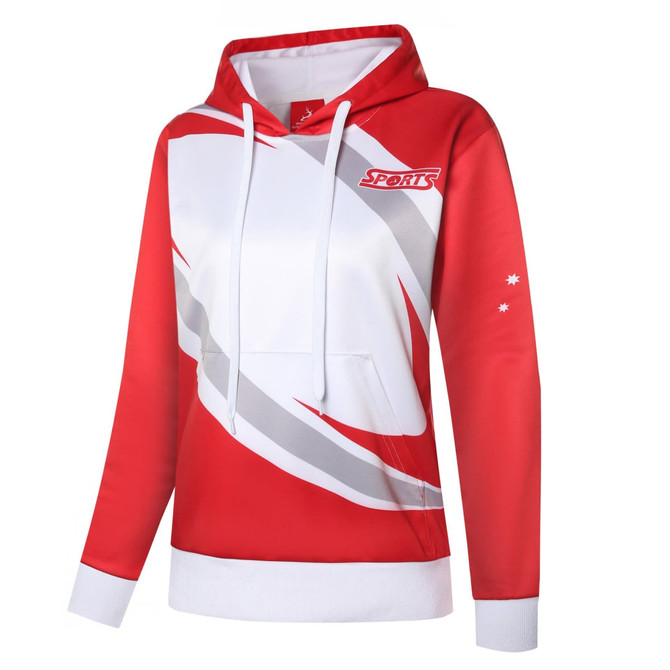 A red and white women's hoodie featuring a front pocket and a logo, with design elements in grey and small stars.
