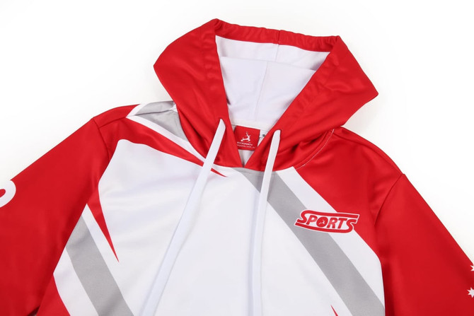 A red and white women's hoodie featuring a large hood, drawstrings, and a small logo.