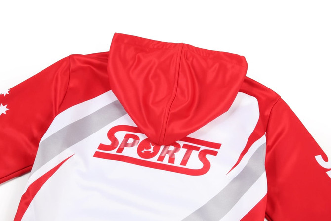 A red and white hoodie with a hood and a logo, featuring sporty design elements.
