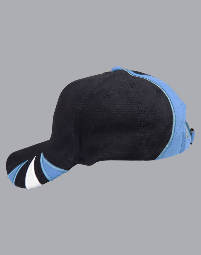 A tri-colour cap featuring black, blue, and white detailing, designed with a logo on the side.