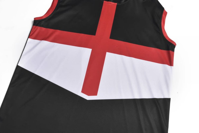 A sleeveless tank top hoodie in black, red, and white, featuring a prominent cross design. It has a logo branding.