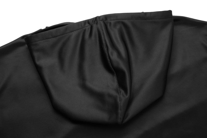A black custom design hoodie featuring a smooth fabric and a hood. Includes a branding logo on the fabric.