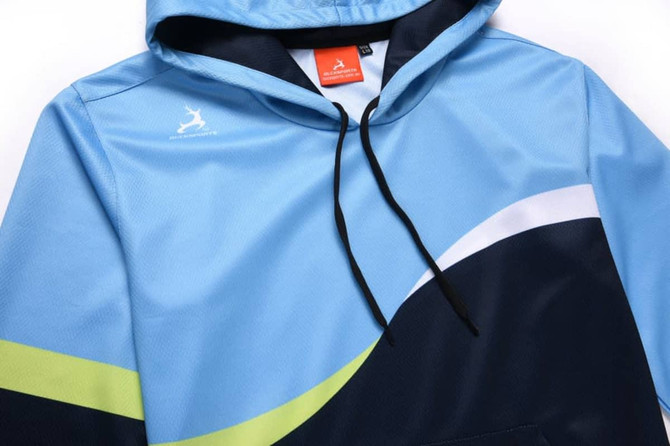 A blue and navy hoodie with a green stripe, featuring a logo and drawstring hood.