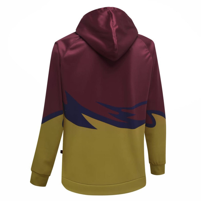 A hoodie featuring a maroon, yellow, and navy design with a hood and long sleeves, including a logo.